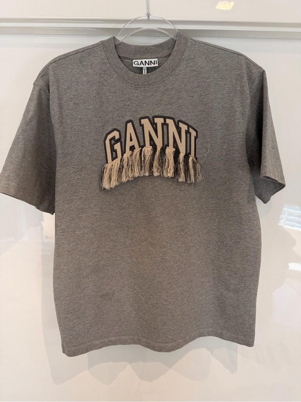 Ganni Gray Short-Sleeve Tee with Beige Fringe Logo